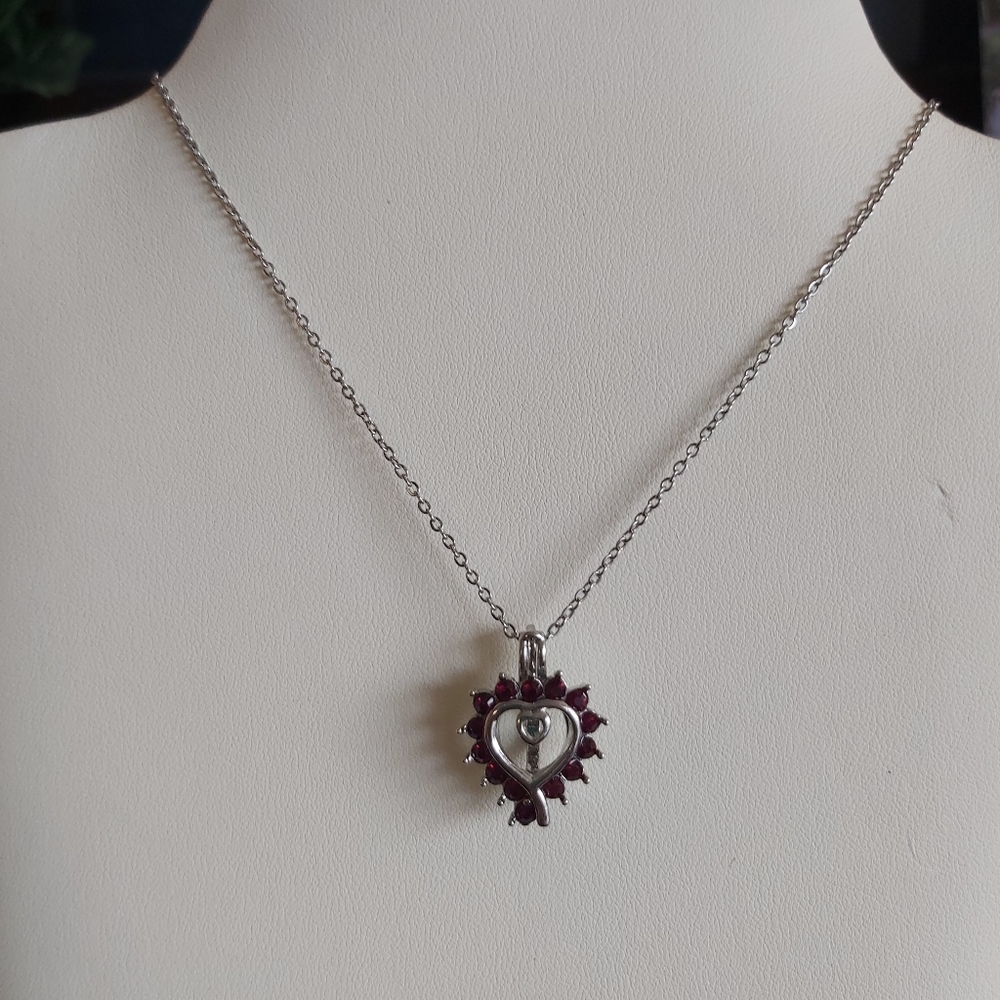 Silver Heart Pendant with Rubies and Chain